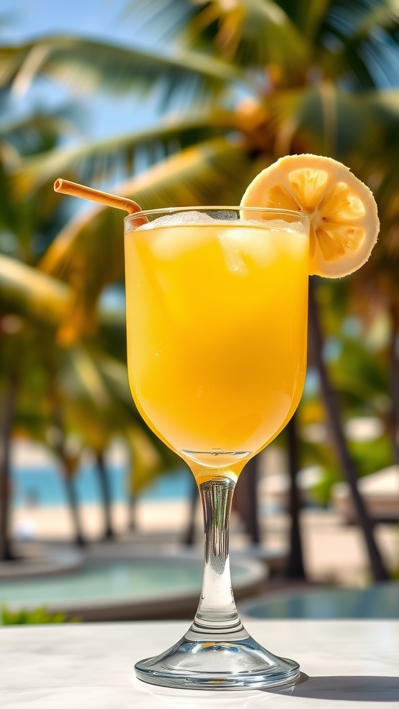 A refreshing Banana Rum Daiquiri in a glass with banana and lime garnish, set in a tropical background.